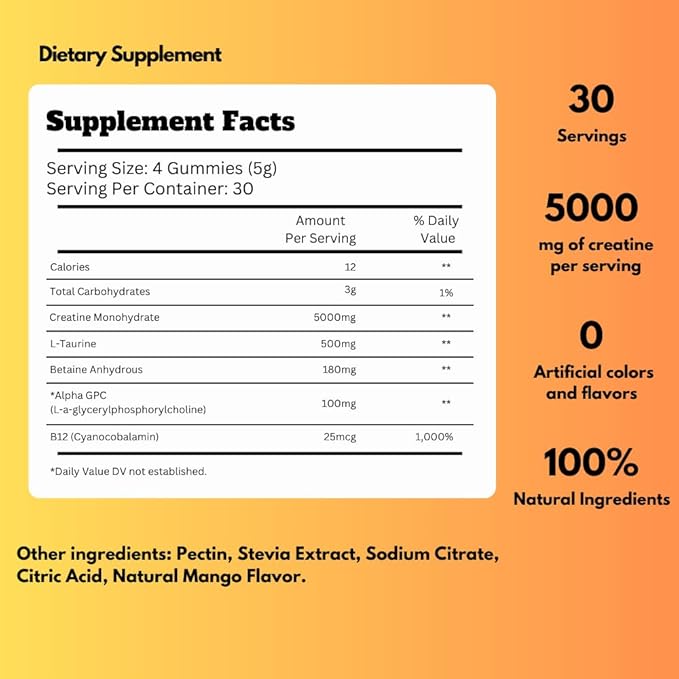 Creatine Monohydrate Gummies, 5000mg of Creatine Per Serving with Alpha-GPC & Taurine, Mango Flavor, Enhance Brain Function, Muscle Growth Support, Pre Workout Gummies for Men and Women - 120pcs