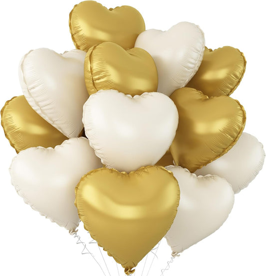Sand White Gold Heart Balloons,12Pcs 18Inch Cream White Metallic Gold Heart Shaped Foil Helium Foil Balloons for Baby Shower Birthday Anniversary Wedding Engagement Party Decorations