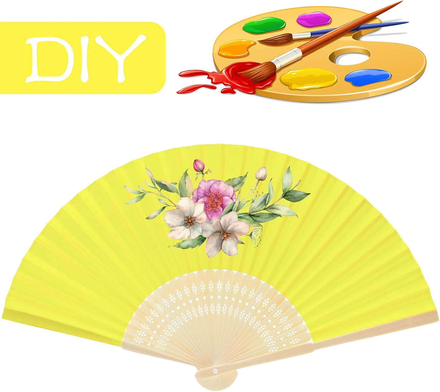 FEPITO 20 Pieces Handheld Yellow Paper Fan Paper Folding Fans with Bamboos for Wedding Gift, Party, Home