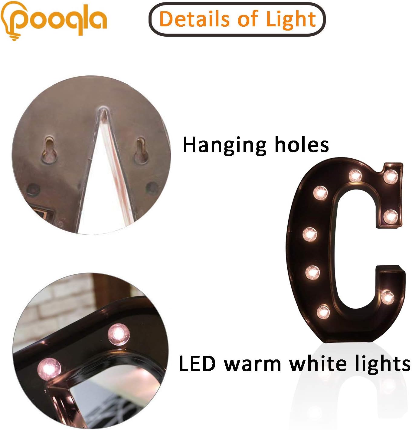 Pooqla Decorative LEDs Illuminated Letter Marquee Sign - Alphabet Marquee Letters with Lights for Wedding Birthday Party Christmas Night Lights Lamp Home Bar Decoration C, Black