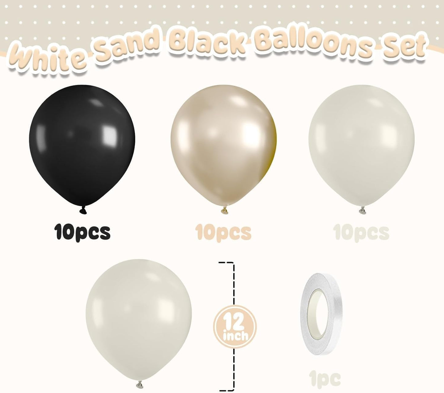 White Sand Black Balloons Set,12Inch Black Cream White Balloons for Wedding Bridal Shower Bachelorette Anniversary Birthday Party Decorations