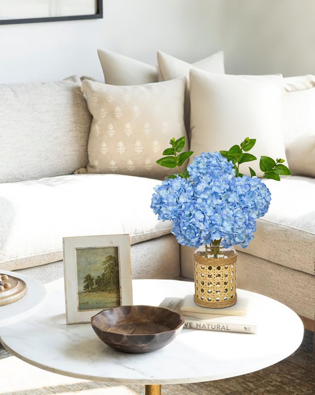 Hollyone Blue Hydrangea Artificial Flowers in Woven Glass Vase with Faux Water Silk Hydrangeas Fake Flowers Floral Arrangement for Home Indoor Bathroom Kitchen Office Table Centerpiece Shelf Decor