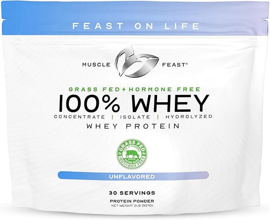 Muscle Feast 100% Grass Fed Whey Protein Powder, All Natural Hormone Free Paure Raised Whey Protein Powder for Women & Men- Whey Concentrate, Isolate & Hydrolyzed Protein Powder Blend- Unflavored, 2lb