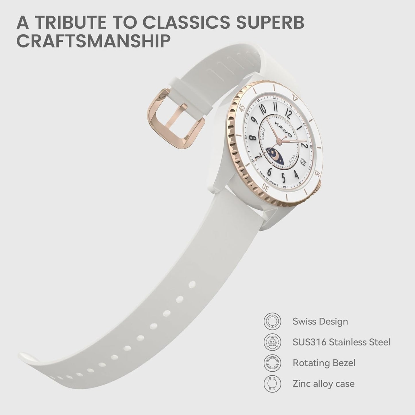 KAVVO Oyster Mini 38mm Bluetooth Smartwatch for Women, 1.1'' Delicate AMOLED Always-On Display, Rotating Bezel, Fitness Tracker with Female Health, Heart Rate Blood Oxygen Monitor(Ceramic White)