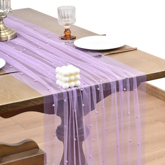 Joanlody Fall Pearl Table Runner 10ft Rustic Boho Tulle Table Runner with Pearls for Baby Shower Wedding Party Veil Dessert Thanksgiving Table Decor Lilac