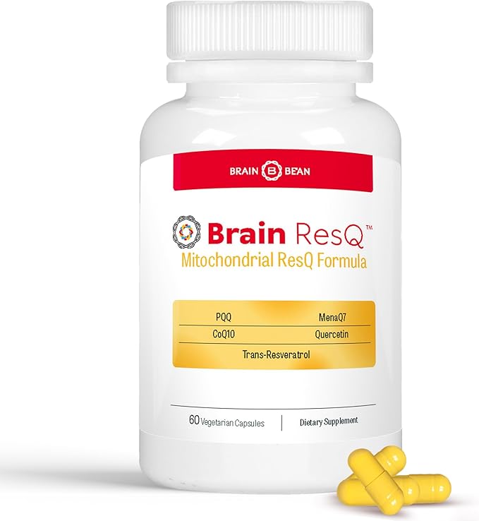 Brain ResQ Advanced Mitochondrial Formula with PQQ, CoQ10, Trans Resveratrol, MenaQ7 & Quercetin Supplement - 100mg of CoQ10 & 15mg PQQ – Supports Brain, Heart & Cellular Health – 60 Capsules