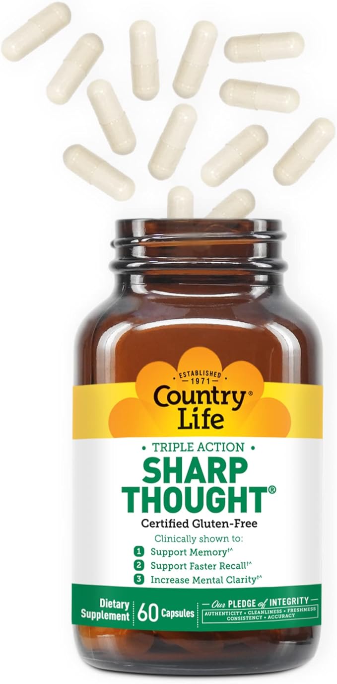 Country Life Sharp Thought - Memory & Cognitive Support Supplement – Sharp-PS Gold Phosphatidylserine + DHA – Promotes Mental Clarity & Faster Recall – Gluten-Free, 60 Capsules