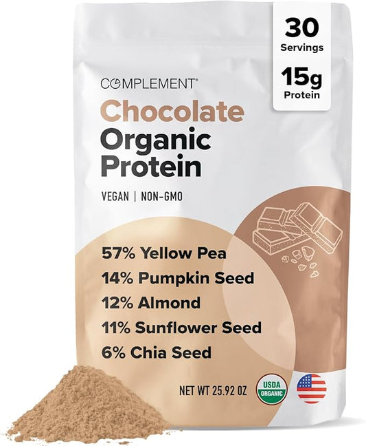 Complement Organic Chocolate Vegan Protein Powder (30 Servings) Low Carb, Low Calorie, Sugar Free, Soy Free, Non-GMO, Non Dairy - Yellow Pea, Pumpkin Seed - 15g Plant Based Protein Powder