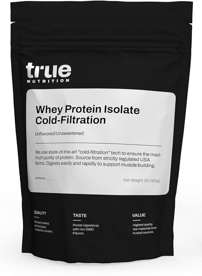 True Nutrition Unflavored Whey Protein Isolate Cold-Filtration - 100% Whey Protein Powder - 27g Protein per Serving - Mixes Easily and Tastes Great - Third Party Tested - Unflavored/Unsweetened - 1lb