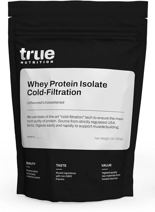 True Nutrition Unflavored Whey Protein Isolate Cold-Filtration - 100% Whey Protein Powder - 27g Protein per Serving - Mixes Easily and Tastes Great - Third Party Tested - Unflavored/Unsweetened - 1lb