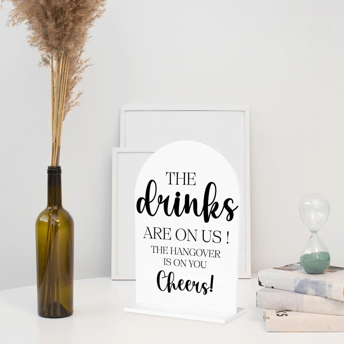 The Drinks are on Us Sign, Open Bar Signs, Wedding Engagement Bridal Shower Party Decor for Reception Ceremony, Weddings Table White Acrylic Sign