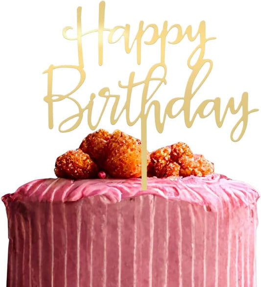 Premium Acrylic Happy Birthday Cake Topper Gold, Mirror Finish, 6x6 Inches, 2.5mm Thick, Handmade Decorative Party Celebration Topper with Protective Film Perfect Keepsake