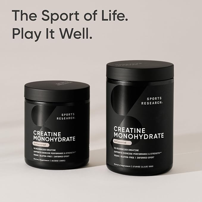 Sports Research Creatine Monohydrate - Gain Lean Muscle, Improve Performance and Strength and Support Workout Recovery - 5 g Micronized Creatine - 10.58 oz