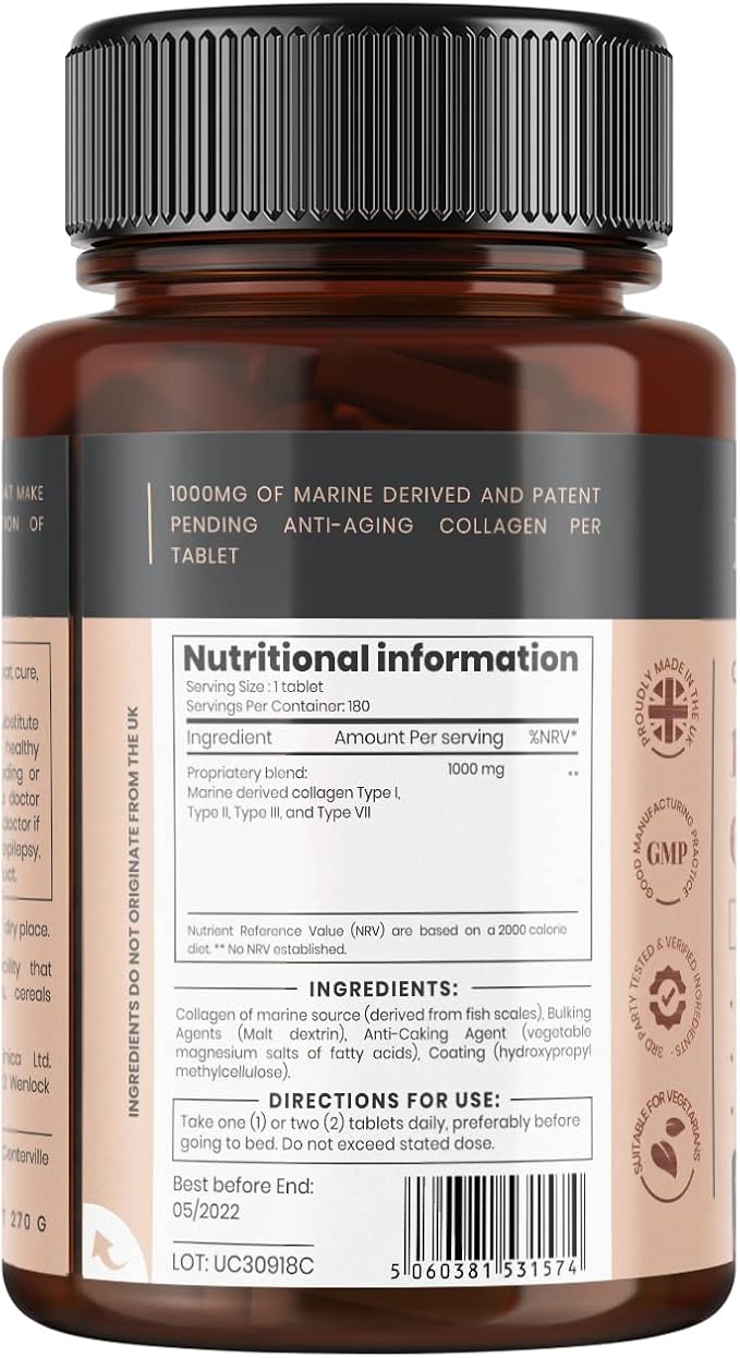 pureclinica UltraColl Marine Collagen 1000mg x 360 Tablets (2 Bottles of 180 Tablets - 6 Months Supply). The only Patented Anti-Aging Collagen Types I, II, III, and VII.