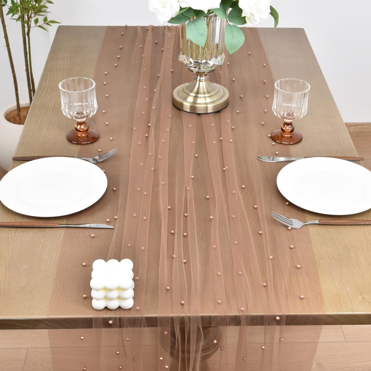 Joanlody Fall Pearl Table Runner 10ft Rustic Boho Tulle Table Runner with Pearls for Baby Shower Wedding Party Veil Dessert Thanksgiving Table Decor Coffee