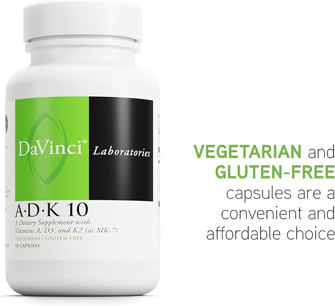 DAVINCI Labs ADK 10 - Helps Support Bone, Heart & Immune Health - Dietary Supplement with Vitamins A, D3 & K2 (as MK-7) - Vegetarian, Gluten Free & Soy Free - 90 Capsules