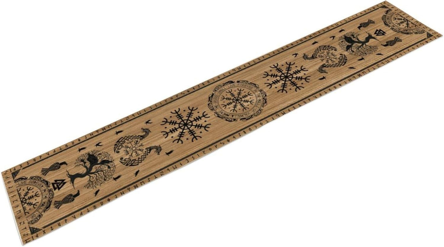 Viking Tree of Life Table Runner, Wooden Printed Eagle Dragon Boat Rudder Seasonal Kitchen Dining Table Decoration for Home Party 13x60 Inch