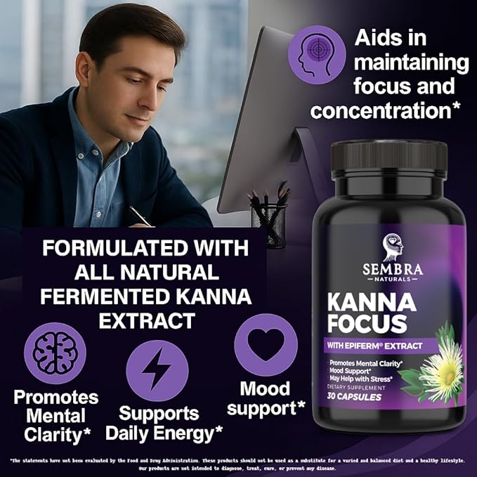 KANNAFOCUS - Natural Kanna Extract Capsules 50mg Kanna Supplements with Sceletium Tortuosum, Bioperine for Enhanced Focus, Motivation & Mental Wellness - 30 Veggie Capsules