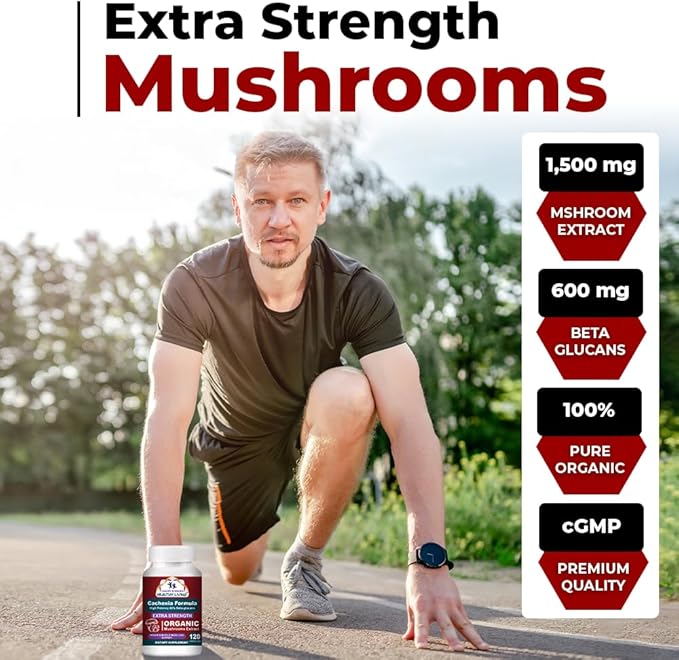 CANCER SCIENCES Cachexia Supplement, USDA Certified Organic Mushrooms Extract Capsules, Extra Strength 1,500 mg, High Potency 40% Beta-Glucans, Immune & Metabolic Support, Weight & Muscle Mass Support