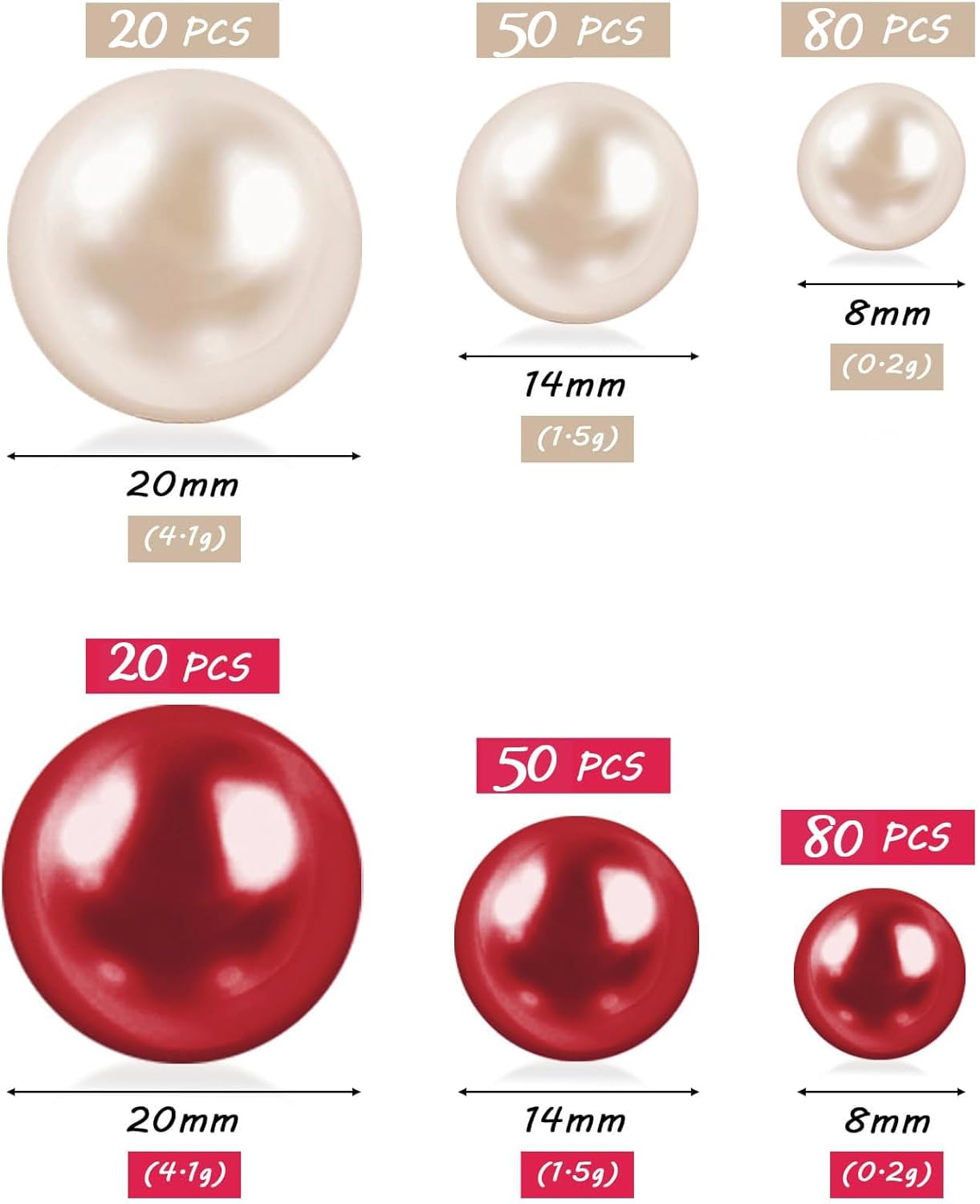 300Pcs Cream&Red Polished No Hole Faux Pearl Beads for Vase Filling Decorations, Plastic Pearls Vase Fillers, Table Scatters, Wedding Centerpiece, Home Decor, 8/14/20 mm