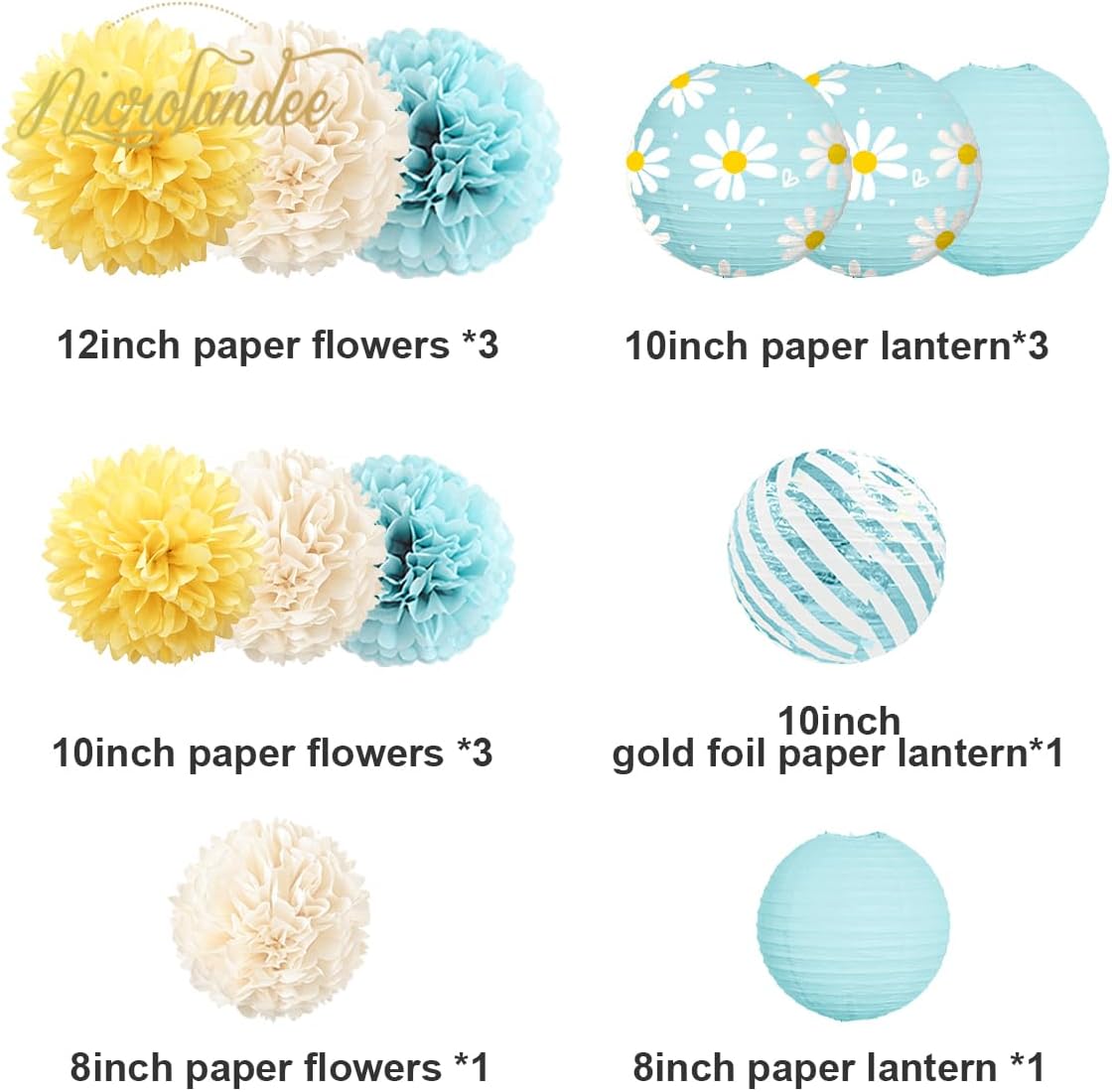 NICROLANDEE Daisy Birthday Party Decorations, 12 PCS Pastel Yellow Blue Paper Lanterns Tissue Pom Poms Decor for Mother's Day, Daisy Theme Party, Garden Wedding Decorations