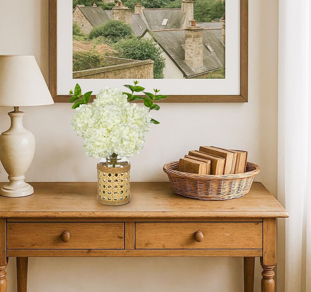 Hollyone White Hydrangea Artificial Flowers in Woven Glass Vase with Faux Water Silk Hydrangeas Fake Flowers Floral Arrangement for Home Indoor Bathroom Kitchen Office Table Centerpiece Shelf Decor