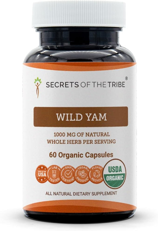 Secrets of the Tribe Wild Yam USDA Organic Capsules 1000 mg Responsibly farmed Wild Yam (Dioscorea Villosa) Dried Root, Hormone Support Supplement (60 Capsules)