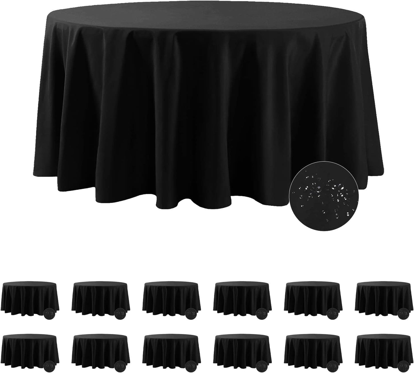 Fokitut 12 Pack Waterproof Round Tablecloth, 120 Inch, Stain Resistant and Wrinkle Polyester Table Cloth, Fabric Table Cover for Kitchen Dining, Wedding, Party, Holiday Dinner-Black