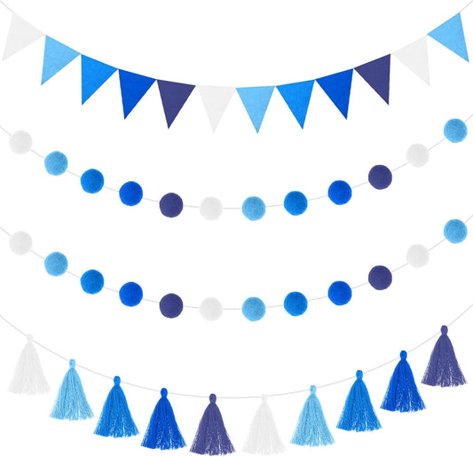 Irenare 9.8 ft Pom Pom Garland Felt Colorful Tassel Banner Christmas Party Pompoms Garland Decorations Felt Pennant Banner for Classroom Home Mantel Fireplace Birthday(Blue)