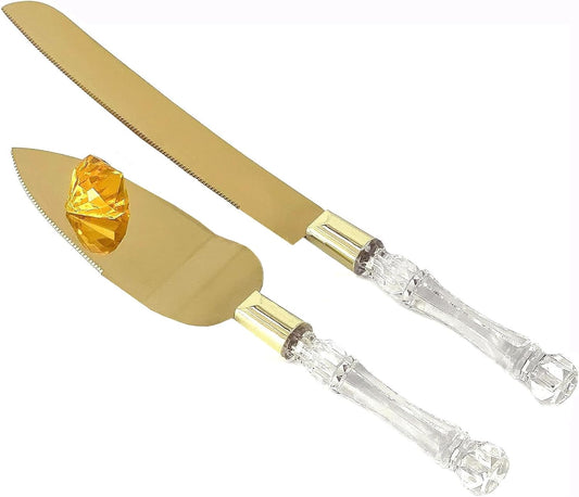 Elegant Cake Knife and Server Set - Stainless Steel with Crystal Handle - Perfect for Weddings & Anniversaries,and Special Celebrations (Gold)