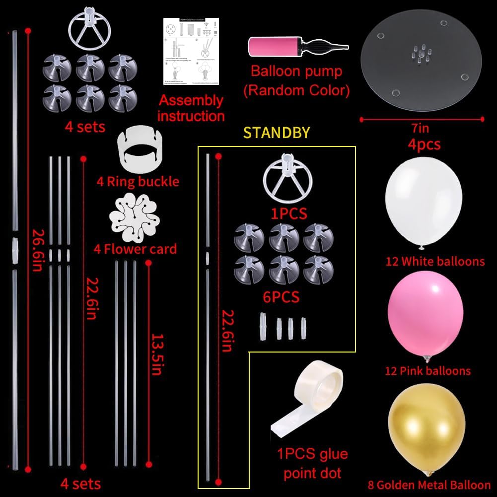 TONIFUL 4 Centerpieces Table Decoration Pink White Gold Balloon Centerpieces, Balloon Stand Kit for Girl Sweet 16th Birthday Decorations,Bridal Shower,Baby Shower