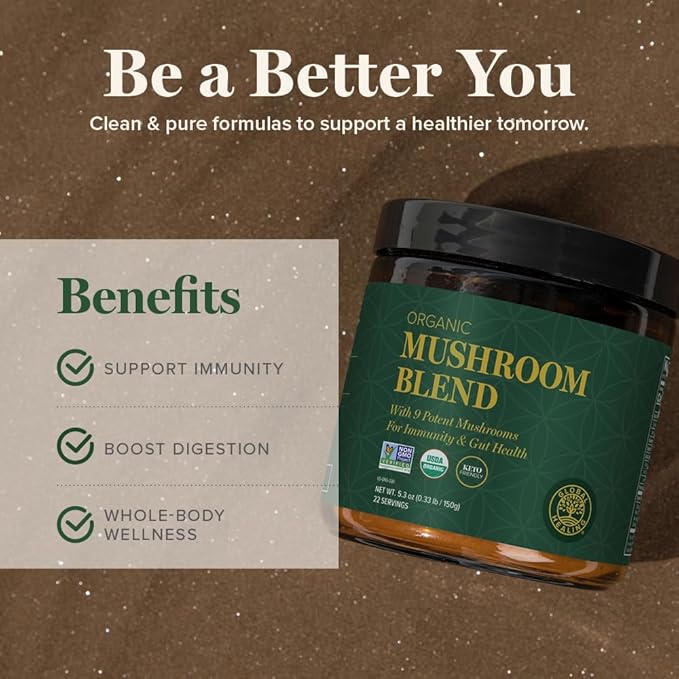 Global Healing Organic Mushroom Powder Supplement Blend 9.5 Ounces - Cordyceps, Chaga, Reishi, Turkey Tail Mushroom for Immune and Gut Health - Nootropic Focus Supplement Superfood