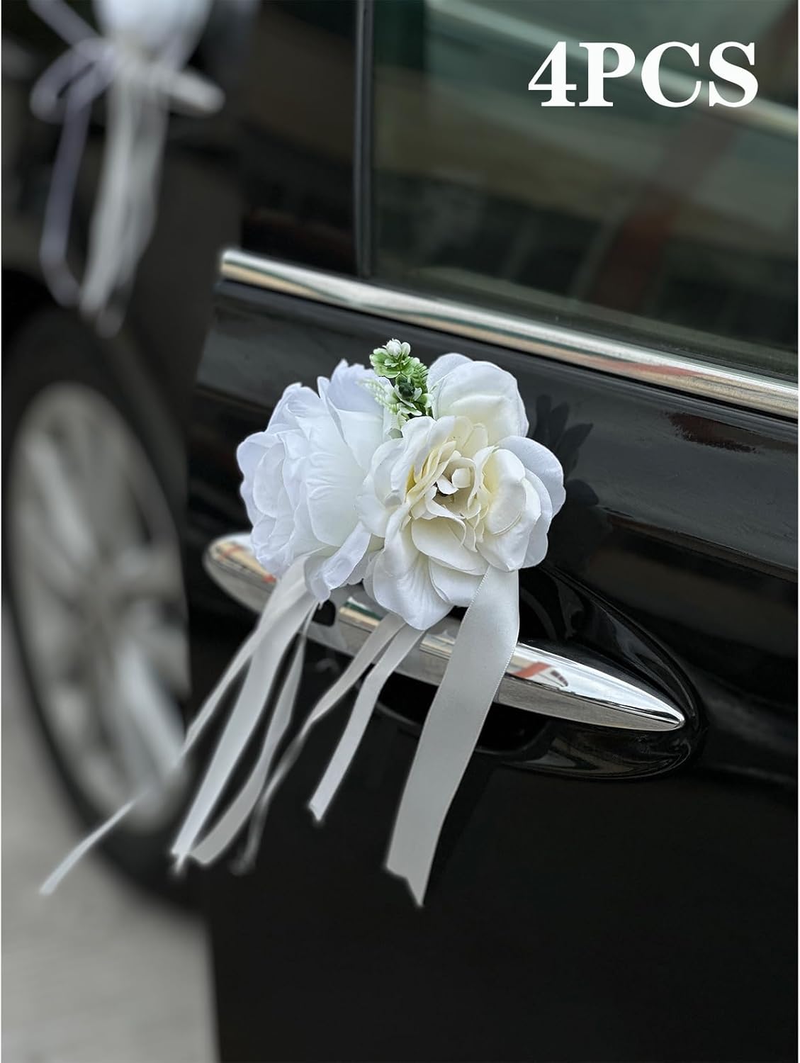 White Rose & Peony Wedding Car Door Handle Decor – 12 cm Artificial Flowers with Faux Greenery, Satin Ribbon Bow & Suction Cup – Versatile Bridal Vehicle & Mirror Ornament (Set of 4)