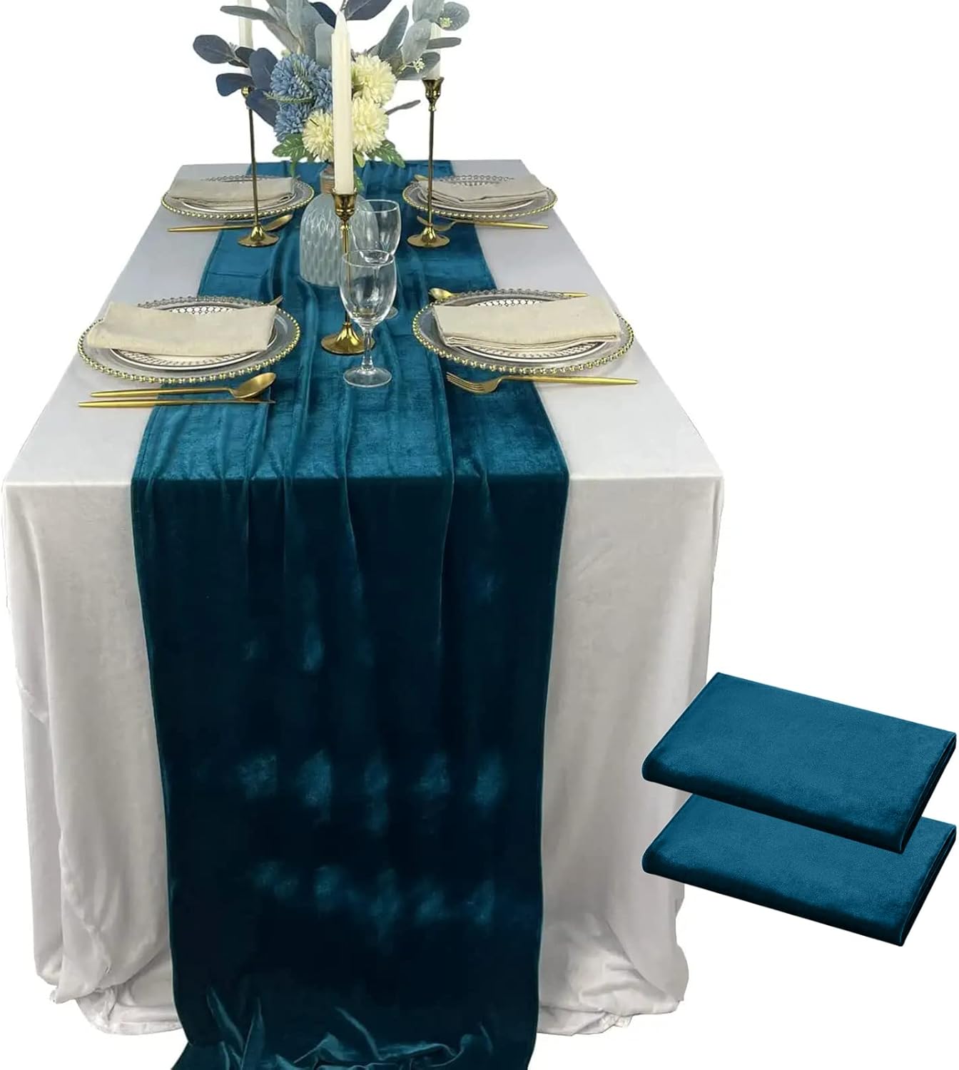 Luxurious Velvet Table Runner, 10ft Wedding Reception Decorations, 20x120inch Soft Velvet Fabric, Table Linen Overlay, Wedding Table Runners (Teal Blue, 20X120inch, 2pack)