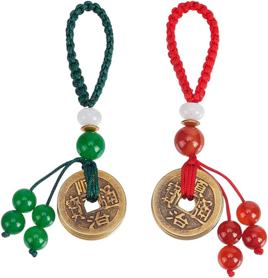 PH PandaHall 2pcs Feng Shui Coins for Wealth and Success, Brass I Ching Coins with Natural Carnelian Malaysia Jade Red Agate Beads Five Emperor Money for Good Luck Car Home Decor, 3.35inch