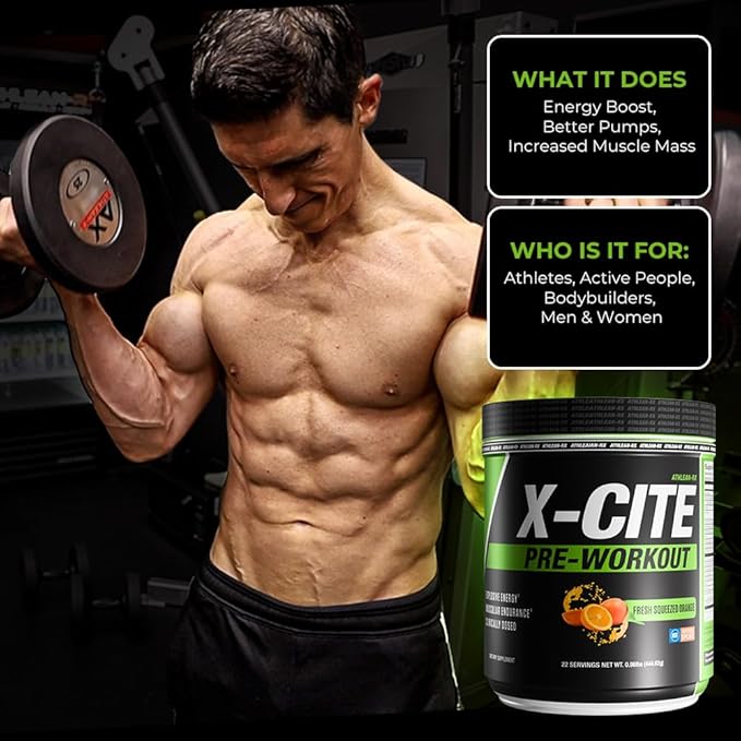 X-CITE Pre-Workout by ATHLEAN-X - Enhanced Formula with Beta-Alanine, Creatine & Caffeine for Energy, Endurance, Focus & Muscle Pump, NSF Certified for Sports (22 Servings, Fresh Squeezed Orange)