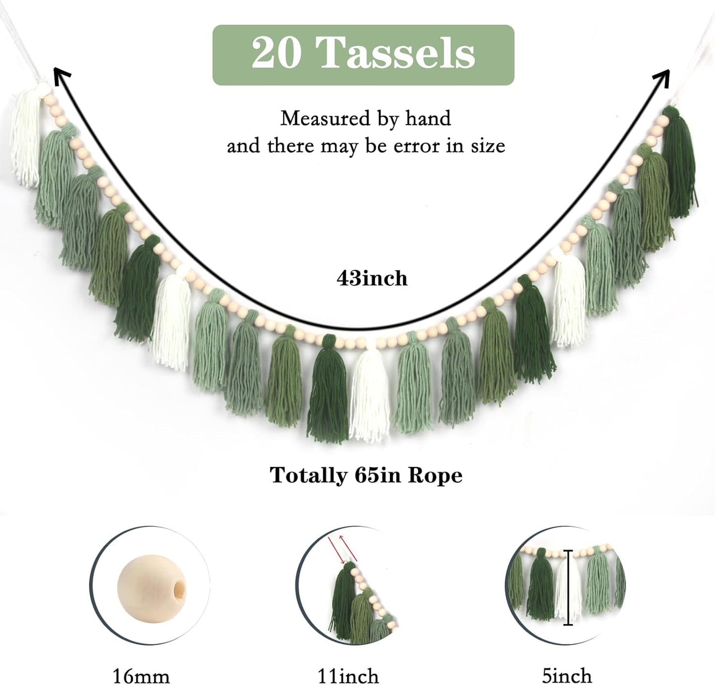 Green Boho Yarn Tassel Garland Sage Green Garland Wall Hanging Decor Forest Woodland Tassel Banner with Beads for Nursery Classroom Office Birthday Party Kids Room Baby Shower Decoration