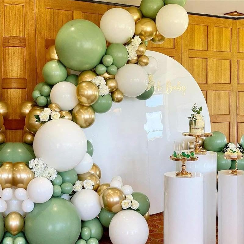 Sage Green and Gold Balloons, 50 PCS Sage Green Party Balloons, 12 Inch Metallic Gold Confetti Avocado Green Sand White Latex Balloons for Birthday Jungle Safari Wedding Baby Shower Party Decorations