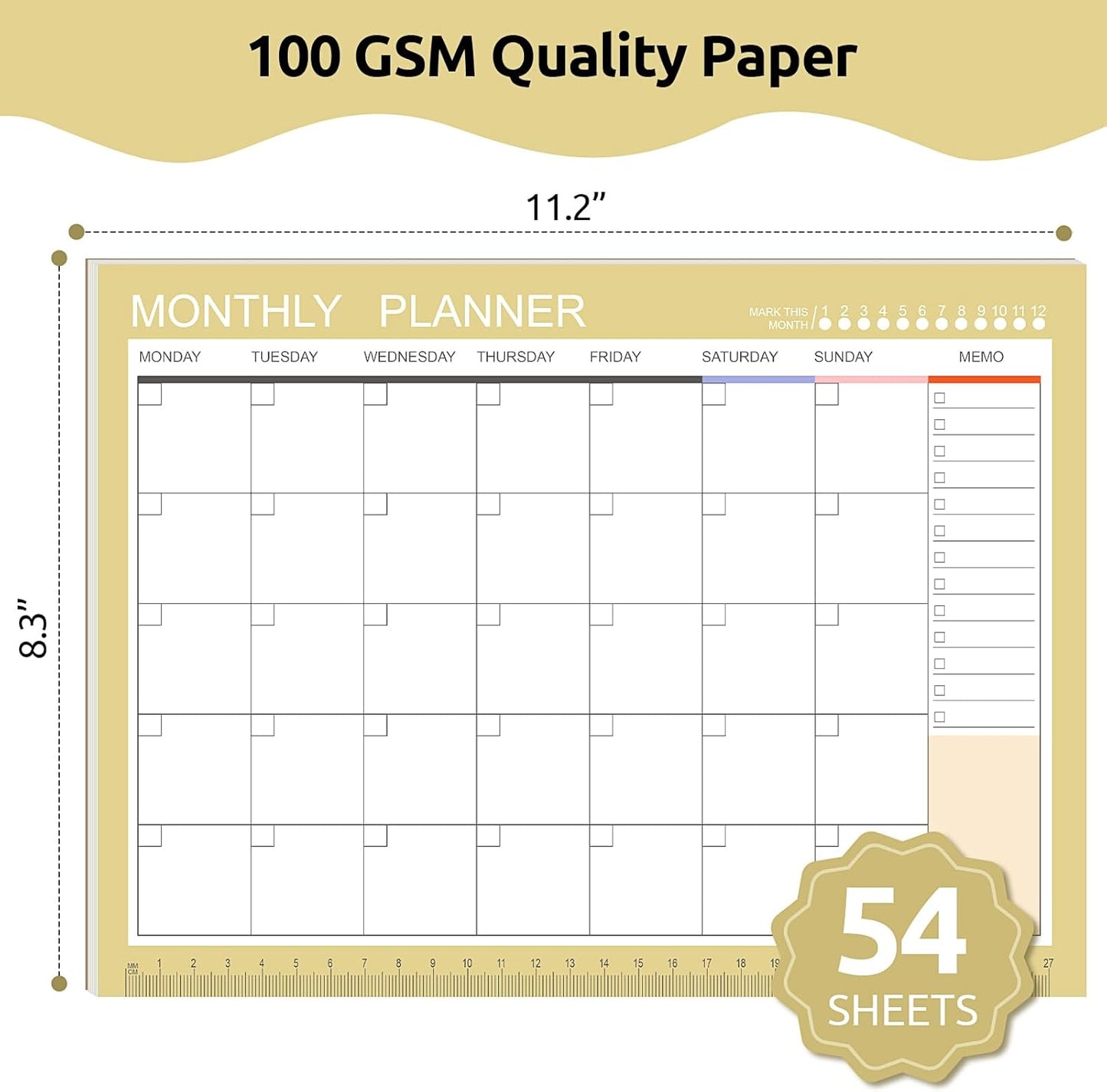 Phyxin Undated Planner, 54 Sheets Blank Calendar, 11.2" x 8.3" Monthly Calendar Planner, Tear Off Undated Monthly Planner with Memo for Women, Students, Teachers, Yellow