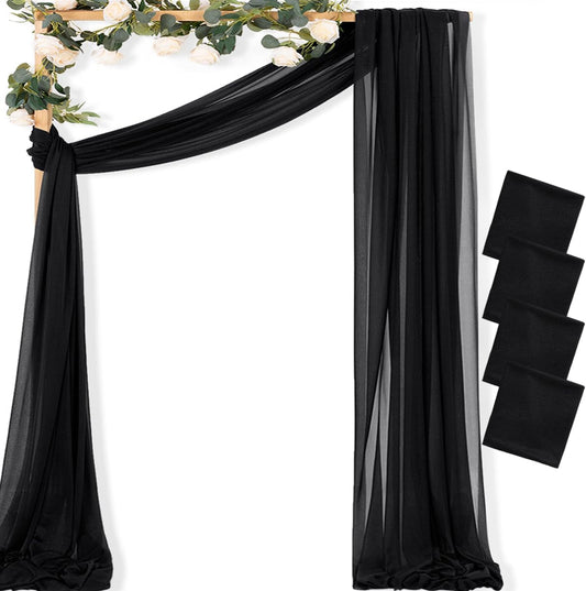 MLMC Black Wedding Arch Draping Fabric 4 Panels 29" x 20 FT Extra Long Gauze Drapes Sheer Backdrop Curtains 6.6 Yards Outdoor Drapery Panels for Wedding Ceremony Party Ceiling Decoration