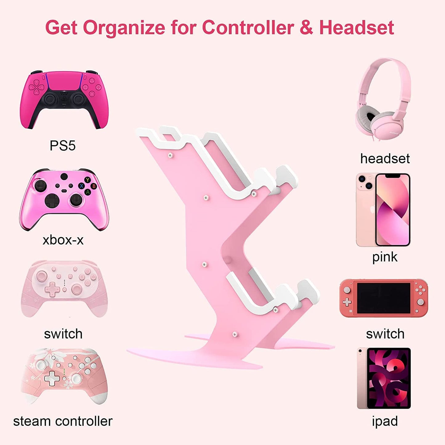 Controller Holder Pink, Game Controller Rack Headset Stand for Xbox Series X S/Xbox one / PS5 / PS4 / NS/PC/Headset, Aluminum Metal Headset Mount Universal Organizer for Video Game Accessories