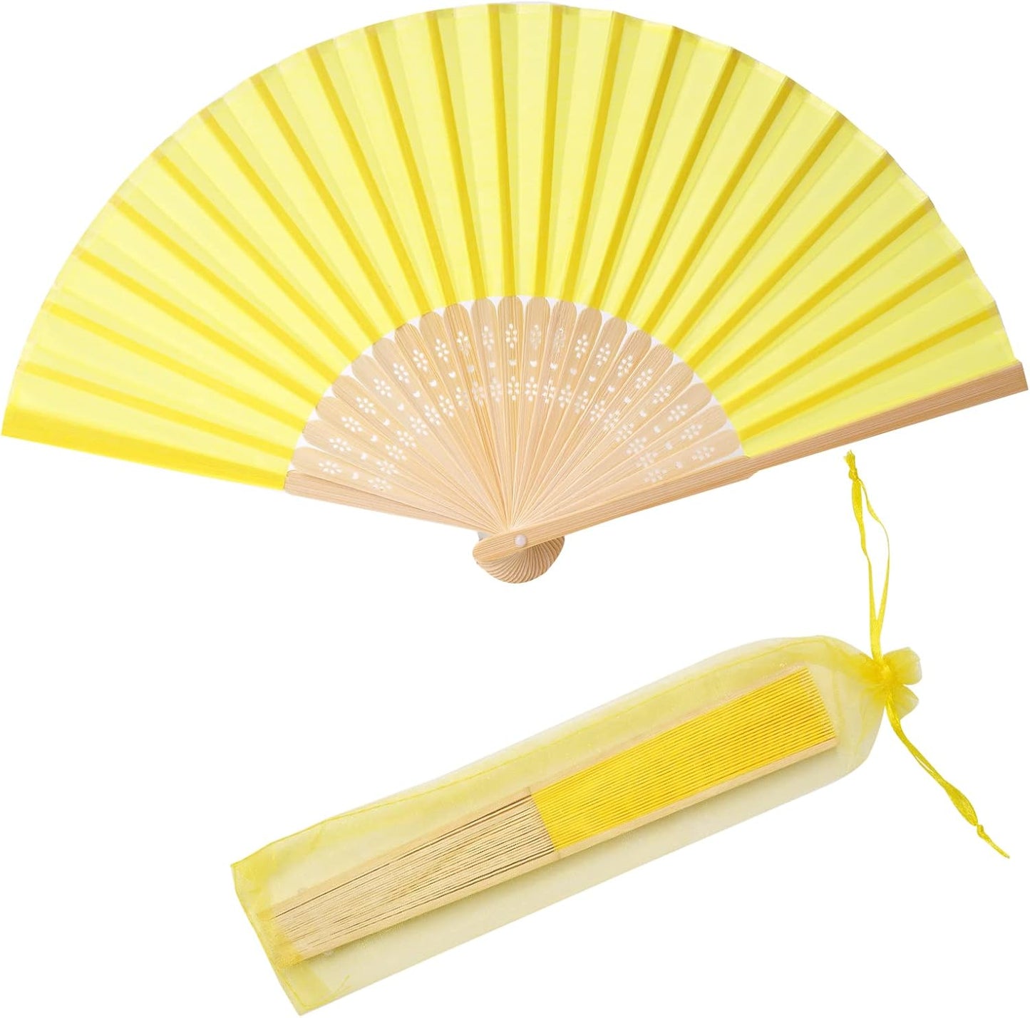 24pcs Imitated Silk Hand Fan Imitated Silk Fabric Bamboo Handheld Folded Fan Bridal Dancing Props Church Wedding Party Favors with Organza Bags (Yellow)