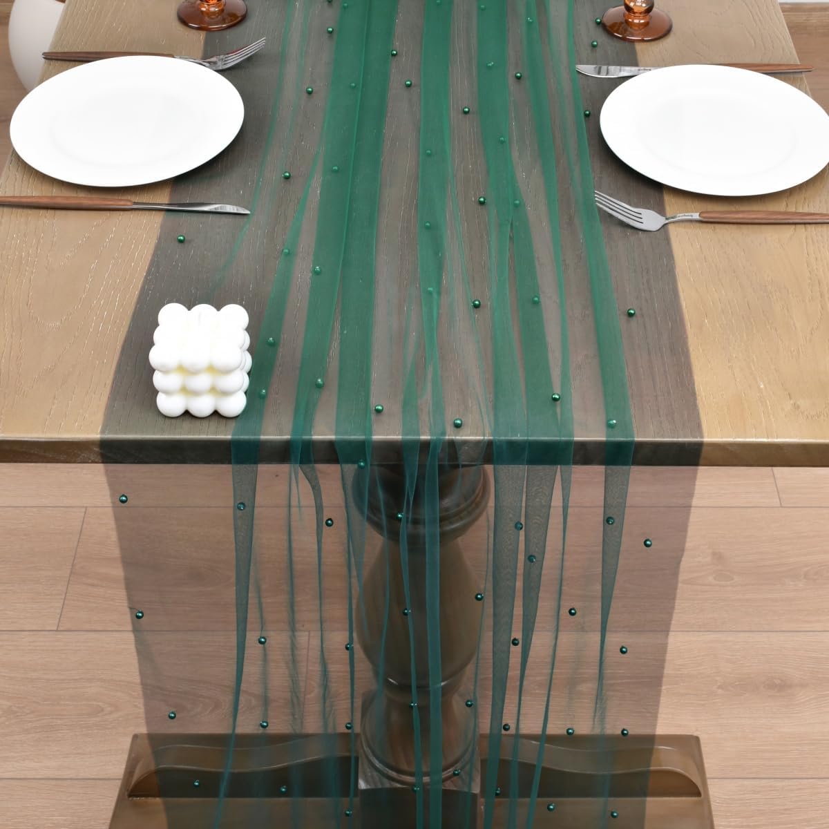 Joanlody Fall Pearl Table Runner 10ft Rustic Boho Tulle Table Runner with Pearls for Baby Shower Wedding Party Veil Dessert Thanksgiving Table Decor Emerald Green 4pcs