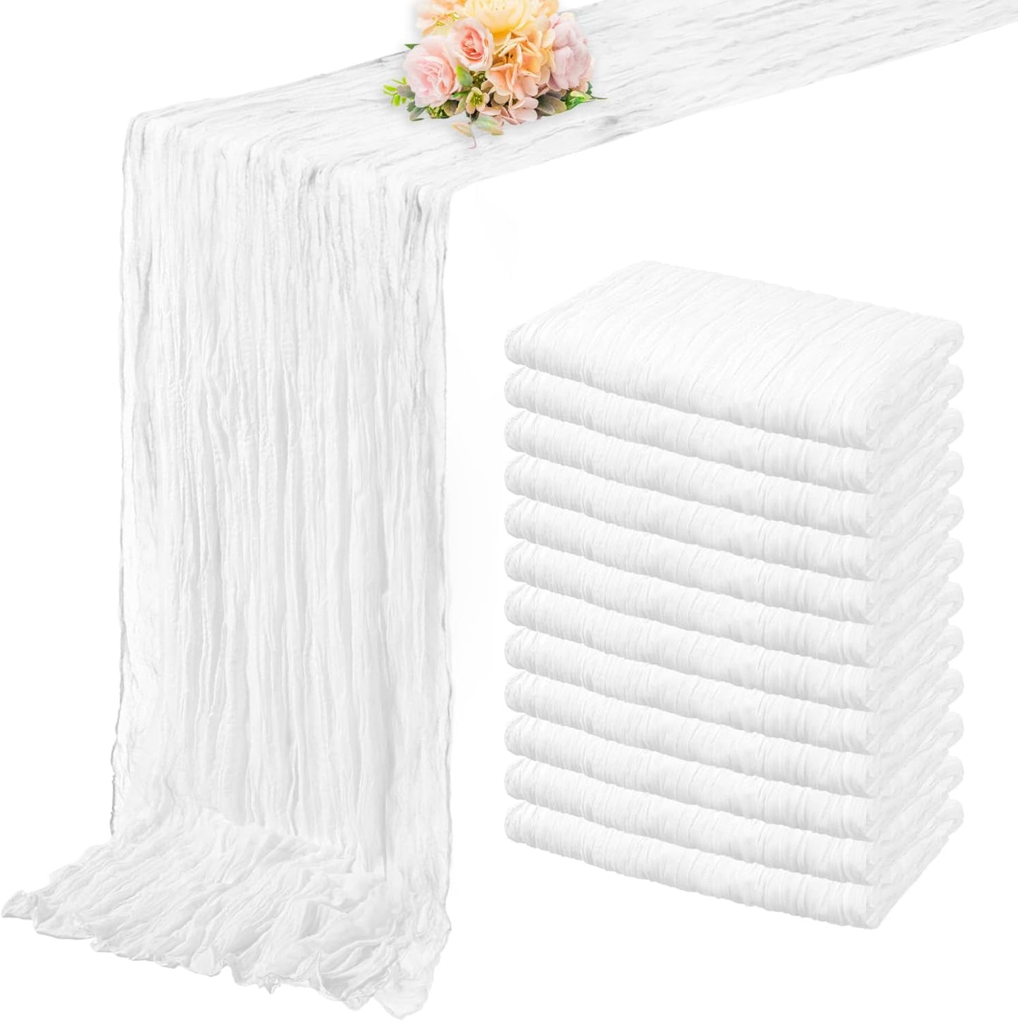10FT 12 Pack White Cheesecloth Table Runner 20 x 120 Inch Long Rustic Gauze Cheese Cloth Table Runner for Wedding Bridal Baby Shower Table Decorations Boho Fabric Sheer Birthday Party Table Decor