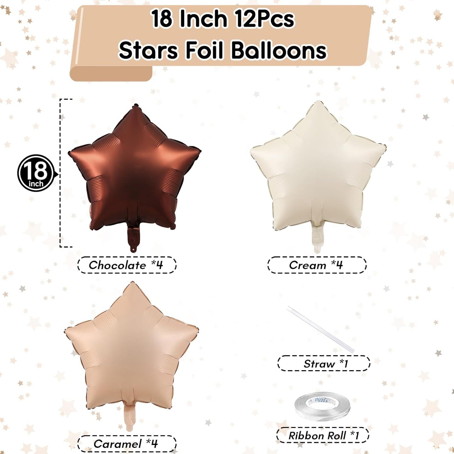 Cream Star Foil Balloons, 18 Inch Brown Beige Netural Stars Shape Balloons 12 Pcs Chocolate Apricot White Pentagram Foil Balloon Tan Nude Helium Balloon for Boho Baby Shower Birthday Wedding Party