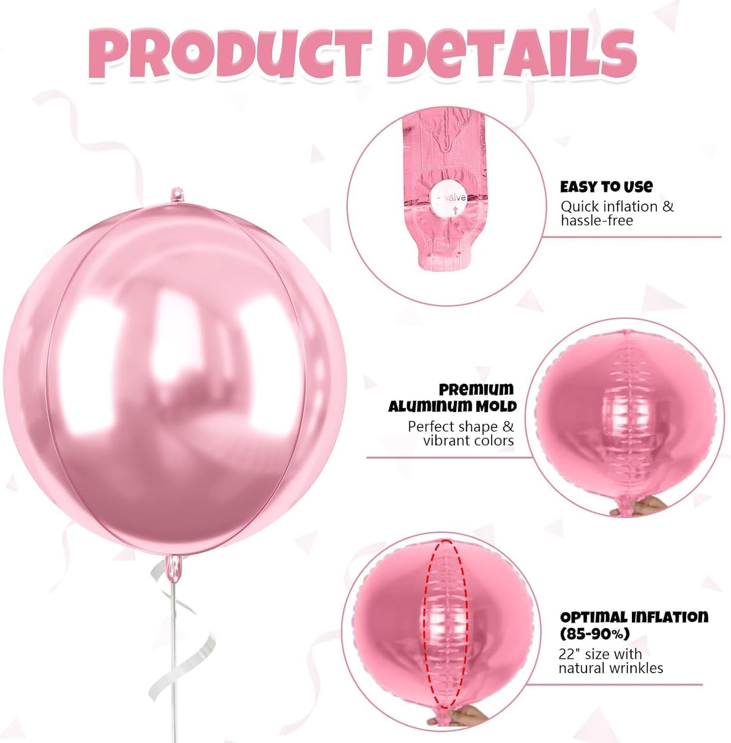 Pink White Giant 4D Foil Balloons, 6 Pcs Large Metallic Pink and White Round Balloons, 22 Inch Big Round Foil Balloon for Wedding Prom Birthday Party Baby Shower Decorations