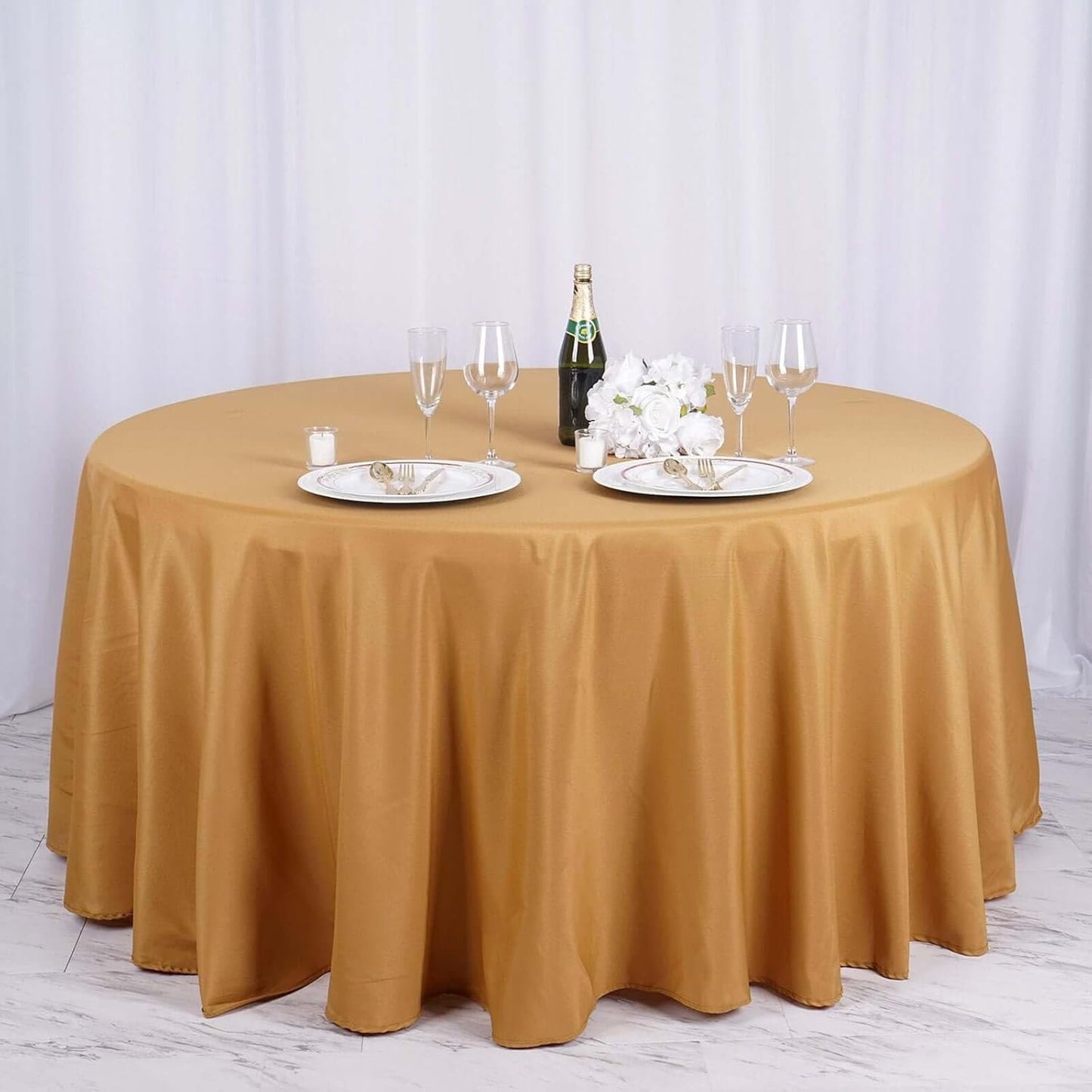 Efavormart Round Tablecloth, 132 Inch Stain & Wrinkle Resistant Washable Table Cloth, Decorative Polyester Fabric Table Cover for Banquet, Wedding, Dining- Gold