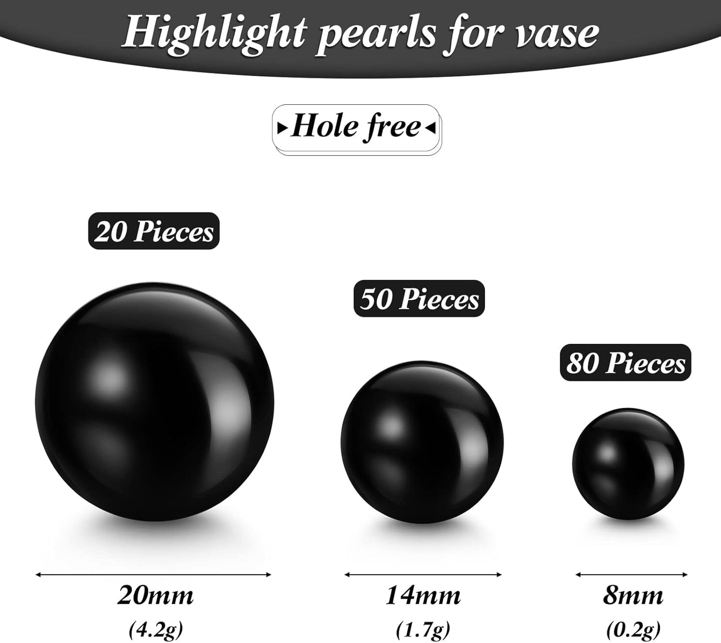 150 Pieces Vase Filler Faux Pearls Vase Makeup Beads No Hole Gloss Bead Mixed Sizes Round Pearl for Home Party Wedding Decor, 8/14/20 mm(Black)