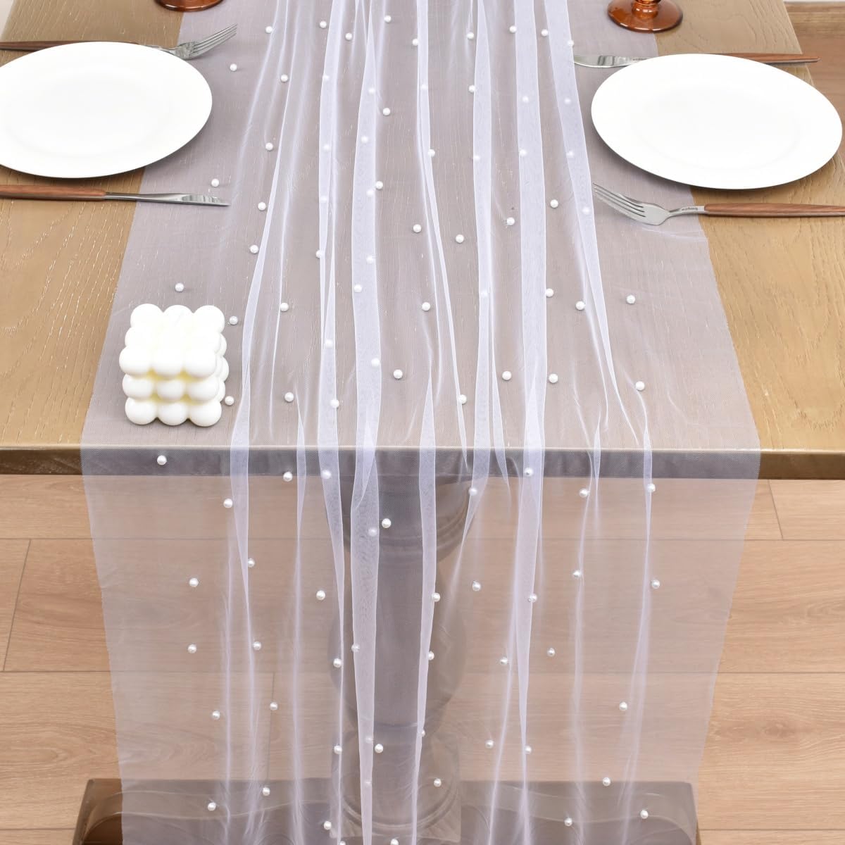 Joanlody Fall Pearl Table Runner 10ft Rustic Boho Tulle Table Runner with Pearls for Baby Shower Wedding Party Veil Dessert Thanksgiving Table Decor White 4pcs