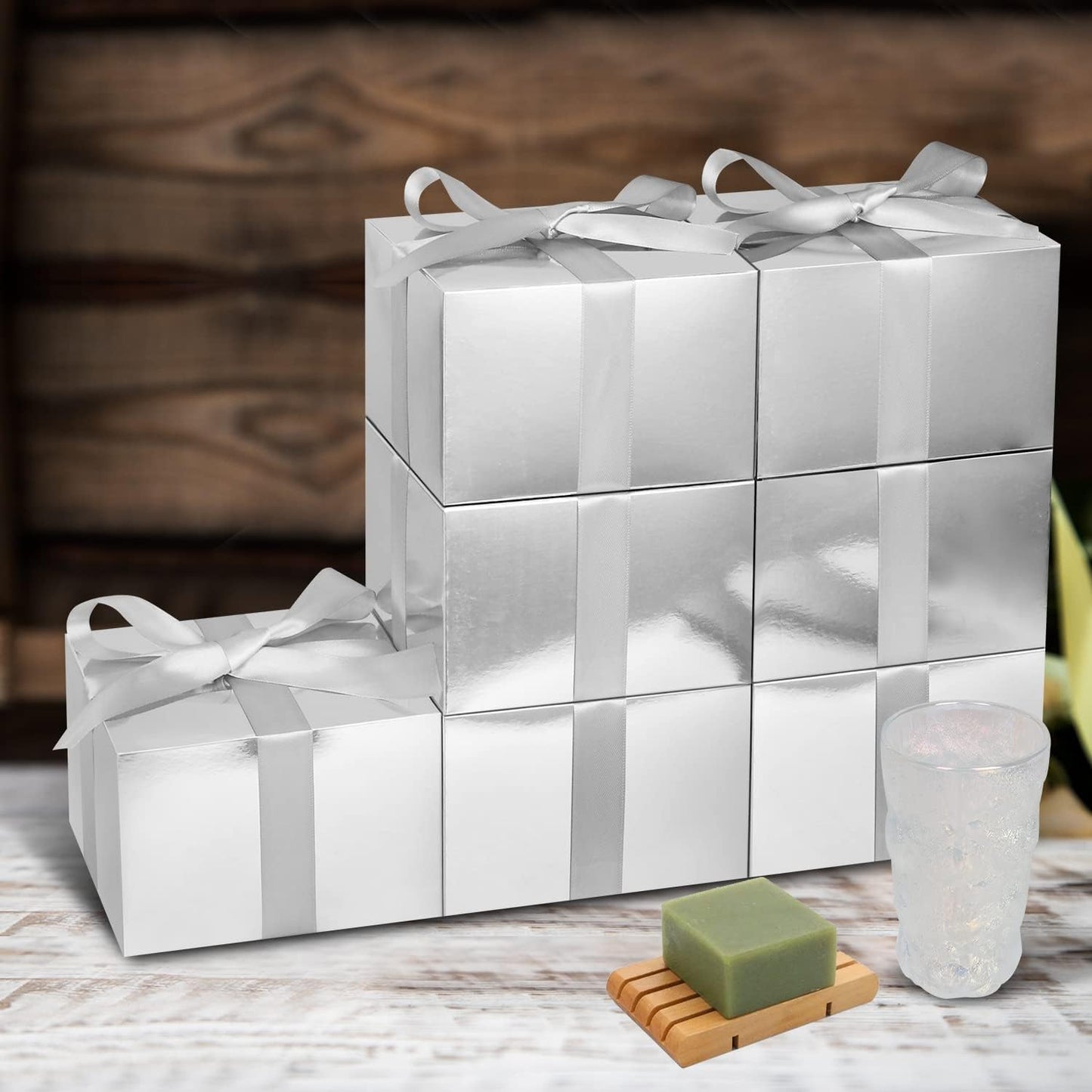 COTOPHER Small Gift Boxes 10 Pack 6x6x4 inches Silver Gift Boxes with Lids for Gifts, Crafting, Wedding Party Favor, Cupcake Box, Candy, Bridesmaids Proposal Box